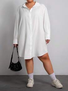SHEIN CURVE+ Plus Size White Shirt Style Work Dress For Women, Spring - White - View 4