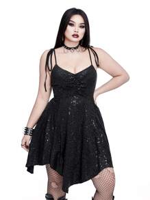 Whyspr Casual Punk Plus Size Women's Sexy Asymmetrical Hem Sequins Camisole Dress - Black - View 6