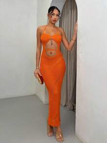 SHEIN BAE Women's Solid Color Hollow Back Halter Neck Slim Fit Knitted Dress - Orange - View 1