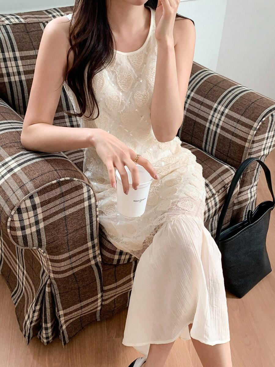 DAZY 女式夏季情人节浪漫心形玫瑰钩针露背连衣裙，2024夏季高端亮片美人鱼连衣裙太阳裙，休闲女装 - 白色 - 查看 1