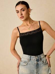 Poéselle Contrast Lace Cami Top - Black - View 5