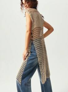 Bohemela 女士假日休闲纯色侧开衩镂空针织连衣裙 - 黃色 - 查看 3