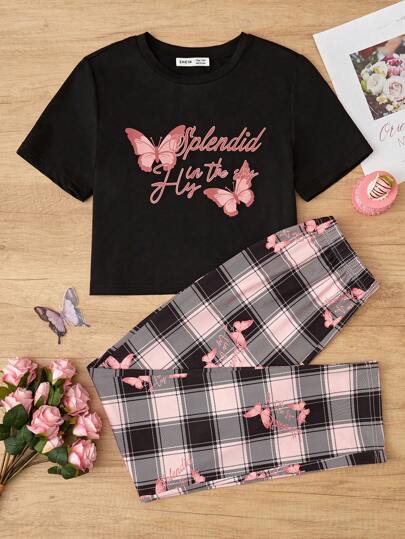 Nowe proste modne, swobodne, krótkie spodnie z nadrukiem motyli, dwuczęściowe, domowe ubrania dla dziewczynek