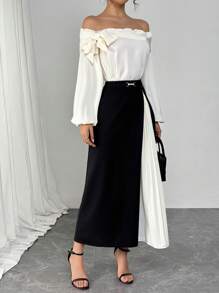 Modelyn Women's Elegant Off Shoulder Pleated Skirt 2 Pieces Set, Suitable For Work, Party And Daily Wear