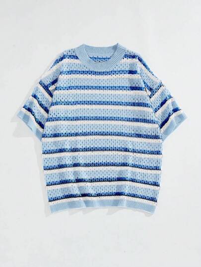 Street Life Camiseta casual de punto de manga corta y cuello redondo con diseño de rayas y calado para hombre