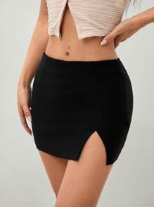 SHEIN PETITE Váy bó tối giản xẻ gấu màu trơn cho nữ, mặc thường ngày - màu đen - Xem 8