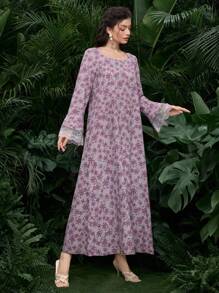 Al Najma New Style Loose Fit Round Neck Lace Trim Long Robe Dress, Arabian Dresses,Modest