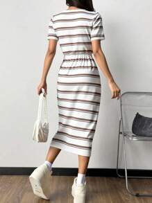 Calvaya Striped Tie Front Midi Casual Dress For Women, Minimalist Style