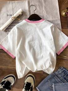 SHEIN Cute And Sweet Bow Cherry Print, Pink, Tween Girl Casual Simple Short-Sleeved Round Neck T-Shirt Suitable For Summer