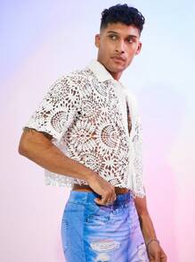 FeverCity Men's Loose Water-Soluble Lace Short Sleeve Shirt