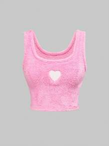 ROMWE Kawaii 甜心可爱女孩舒适温暖心形图案刺绣吊带背心和格子睡裤套装，休闲家居服 - 粉色 - 查看 7