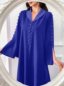 Al Najma Women's Elegant Solid Color Maxi Arabian Dress - Blue - View 1