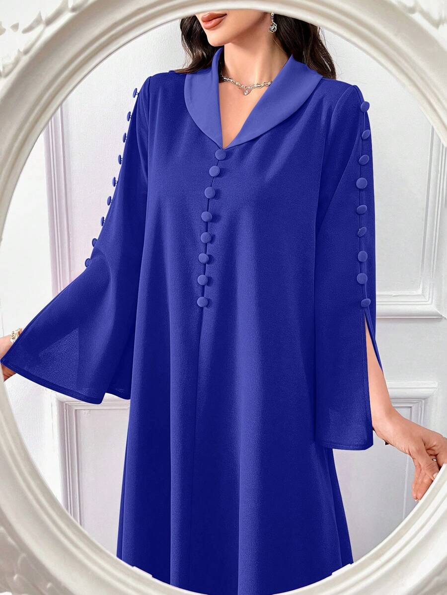 Al Najma Women's Elegant Solid Color Maxi Arabian Dress - Blue - View 1