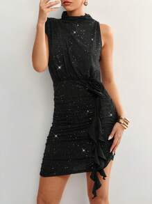 SHEIN Clasi Women's Elegant High Neck Woven Texture Ruched Black Mini Bodycon Dress, Elenzga Women's Fashionable Casual Elegant Sexy Short Sleeve Dress, Round Neck, Black Elastic Knit Fabric, Fitted Silhouette, 3D Floral Print, Spring/Summer