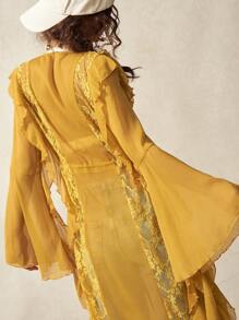 Bohemela Vestido mini BOHO para mujer con mangas acampanadas, nudo delantero y encaje de contraste con volantes, ropa bohemia chic, ropa de mujer bohemia
