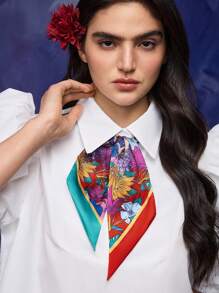 Frida Kahlo X SHEIN 100 cm Elegant Floral Printed Dublu-Adevărat Satin Neted Eșarfă Șal Accesoriu de păr Bandă de păr, Potrivit pentru viața de zi cu zi și vacanță Bandă de păr Turban