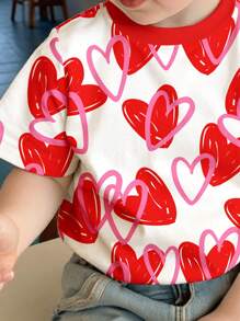 SHEIN Süßer und niedlicher Liebes-Muster, einfaches kurz-ärmeliges Rundhals-Top für Baby Mädchen, ideal für den Sommer