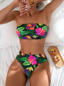 Swim Lushoire 2pcs Women Floral Print Strapless Bikini Set, Vacation Swimwear, For Summer Beach - Multicolor - View 1