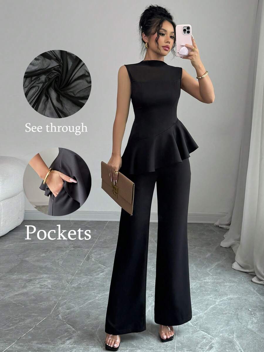 Chiquease Áo crop top lưới mỏng không tay viền bèo nhún thanh lịch & gợi cảm, quần dài lưng thun màu đen giản dị, bộ đồ công sở 2 món cho nữ - màu đen - Xem 1