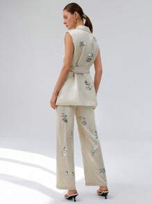 Aveloria Modichic 缎面重磅亮片串珠系带背心西装外套与西装裤组成高端现代时尚优雅精致的西装套装 - 彩色 - 查看 2