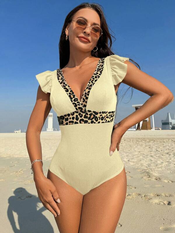 SHEIN Swim 1pc Women's Sleeveless Solid & Leopard Print Minimalist Casual Everyday Outfit For Summer Beach Vacation