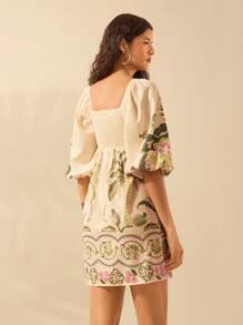 CAJUNI Vestido Curto Casual de Verão Praia Férias, Manga Lanterna, Estampa Tropical Azalea, Coqueiro, Monstera, Estilo Boho para Mulheres