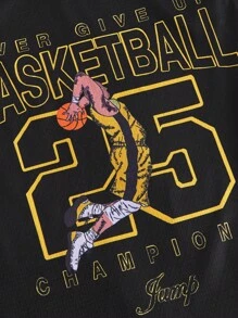 SHEIN Tween Boys' Basketball Graphic Print Vest & Shorts Set, Casual Comfortable Summer Outfit With Letter Print Vest Top And Shorts, Suitable For Outdoor & School Wear