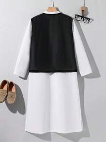 SHEIN Leap Crew Tween Boy Contrast Tape Vest & Split Hem Robe