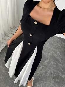 Modelyn Square Neck Flare Dress, Contrast Black & White Design, Flattering Silhouette - Black and White - View 6