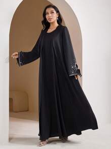 Veilorie Women's Elegant Black Slit Tie Rope Long Sleeves Arabian Burkha Abaya, Concert Women Old Money Spring Break Modest Robe Abaya - Black - View 6