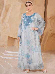 Al Najma Plus Size Arabic Women's Long Sleeve Fashion Elegant Retro Printed Robe, Modest Kaftan - Blue and White - View 3