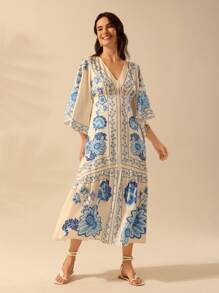 CAJUNI Đầm dài hở lưng họa tiết hoa nhiệt đới Boho cho nữ, cổ chữ V, tay cánh dơi, dành cho kỳ nghỉ hè, màu be - Nhiều màu - Xem 4