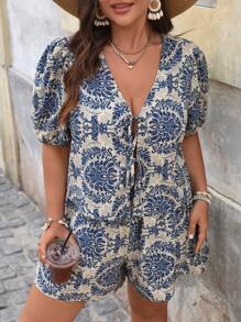 SHEIN VCAY 加大码灯笼袖系带衬衫和短裤两件套女士春季服装复活节狂欢装西部波西米亚风热带度假女装沙滩宽松度假装女士度假两件套 Cottagecore - 彩色 - 查看 1