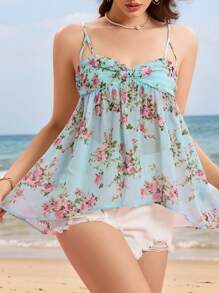 SHEIN EZwear 女士节日花卉印花扭纹胸前吊带背心上衣 女士春季街头服饰 女士露背休闲度假春季 - 藍色 - 查看 1
