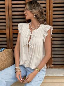 SHEIN Frenchy Blusa de mujer de manga corta con pliegues y cordones delanteros, de estilo casual y sencillo, para uso diario en verano - Albaricoque - Ver 3