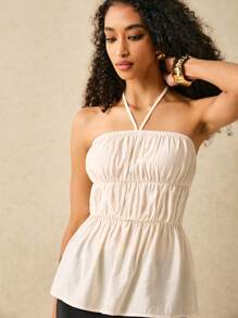 Poéselle 女式露背系带简约休闲迷你上衣 - 杏色 - 查看 3