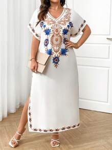 EMERY ROSE Plus Size Elegant Floral Print Side Slit Dress, Summer  رمضان Vestidos جلابيات جلابيات رمضان Vestidos Casuales Para Mujer فساتين العيد  رمضان Vestidos جلابيات جلابيات رمضان Vestidos Casuales Para Mujer فساتين العيد - White - View 6