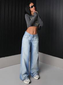 EURMUSE WOMEN LOW WAIST WIDELEG JEAN CASUAL STREET WEAR - Medium Wash - View 3