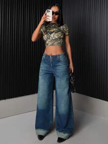 EURMUSE WOMEN HIGH WAIST WIDELEG VISIBLE ZIPPER FOLDED RAW HEM Y2K WASH - Dark Wash - View 3