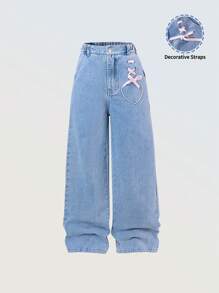 Tween Girls Vintage Casual Urban Light Wash Denim Straight Jeans With Ribbon Heart Detail Pocket - Light Wash - View 1