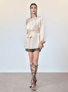 SHEIN LUNE High-End Asymmetrical Shoulder Embellished Long Sleeve Shirt Fall Cloth For Women - Apricot - View 6