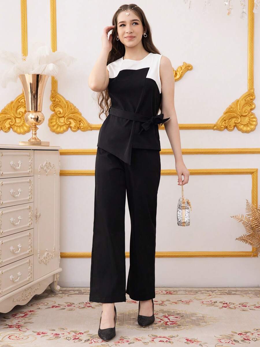 SHEIN 2 sztuki/zestaw dla nastoletniej dziewczyny, bez rękawów, kontrastowy kolor, ściągany top i długie spodnie - Czarne - Zobacz 1