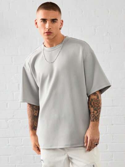 Manfinity VCAY Camiseta de manga corta holgada de punto con estampado de letras en relieve, unisex, casual, apta para uso diario