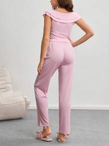 Sweet Ruffle Trim & Twist Detail Women Home Wear Set - Pink - View 2
