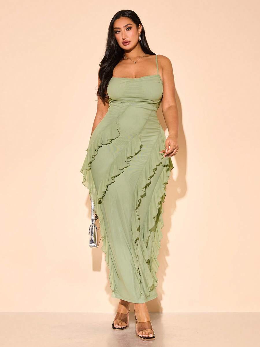SHEIN BAE Spring Summer Clothes Plus-Size Women's Summer Elegant Tight-Fitting Mesh Elastic Asymmetrical Design Ruffle Suspender Backless Strap Long Dress - Mint Green - View 1
