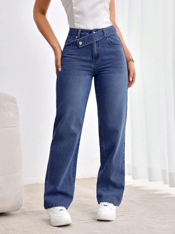 Jeans rectos de ajuste holgado con bolsillo asimétrico en la cintura para mujer