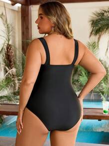 SHEIN Swim Curve Plus Size One-Piece Black Contrast Lace & Mesh Deep V-Neck Fashionable Women Swimsuit, Summer Beach Vacation - Black - View 2