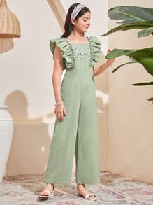 SHEIN Leap Crew Tween Girls Woven Chiffon Ruffle Embroidered Wide Leg Jumpsuit, Mint Green, Suitable For Spring Outing, Resort, Garden Tea, Casual Outings - Mint Green - View 5