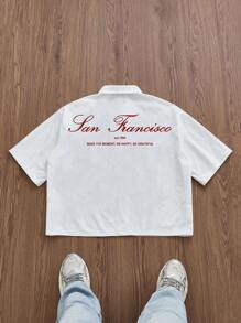 SWAVVY 常规版型男士白色宽松印花短款宽松衬衫，适合日常穿着