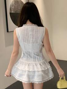 DAZY 镂空蕾丝拼布 V 领系带蝴蝶结装饰长款衬衫，适合女士夏季外出上衣 - 白色 - 查看 6